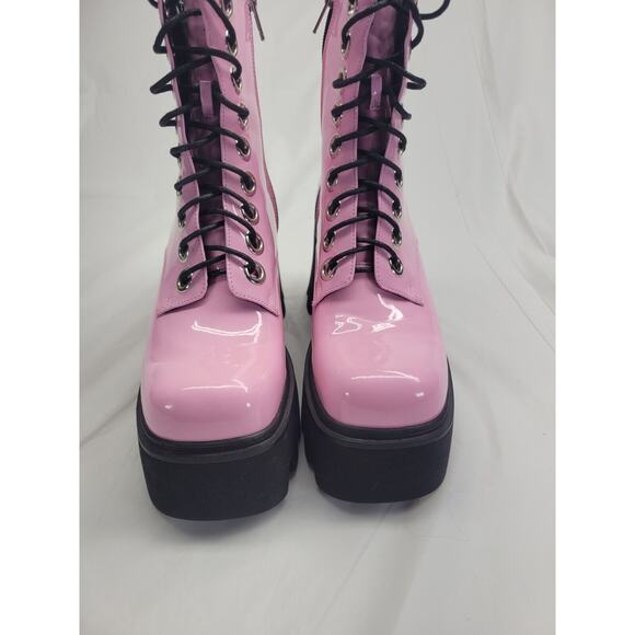 LA MODA Platform Combat Boots Goth Lace Up Side Zip Pink Patent Leather Size 7 - Picture 3 of 16